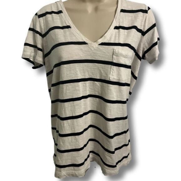 Madewell V-neck White and Black Striped short sleeve top. Size Small - Picture 1 of 5